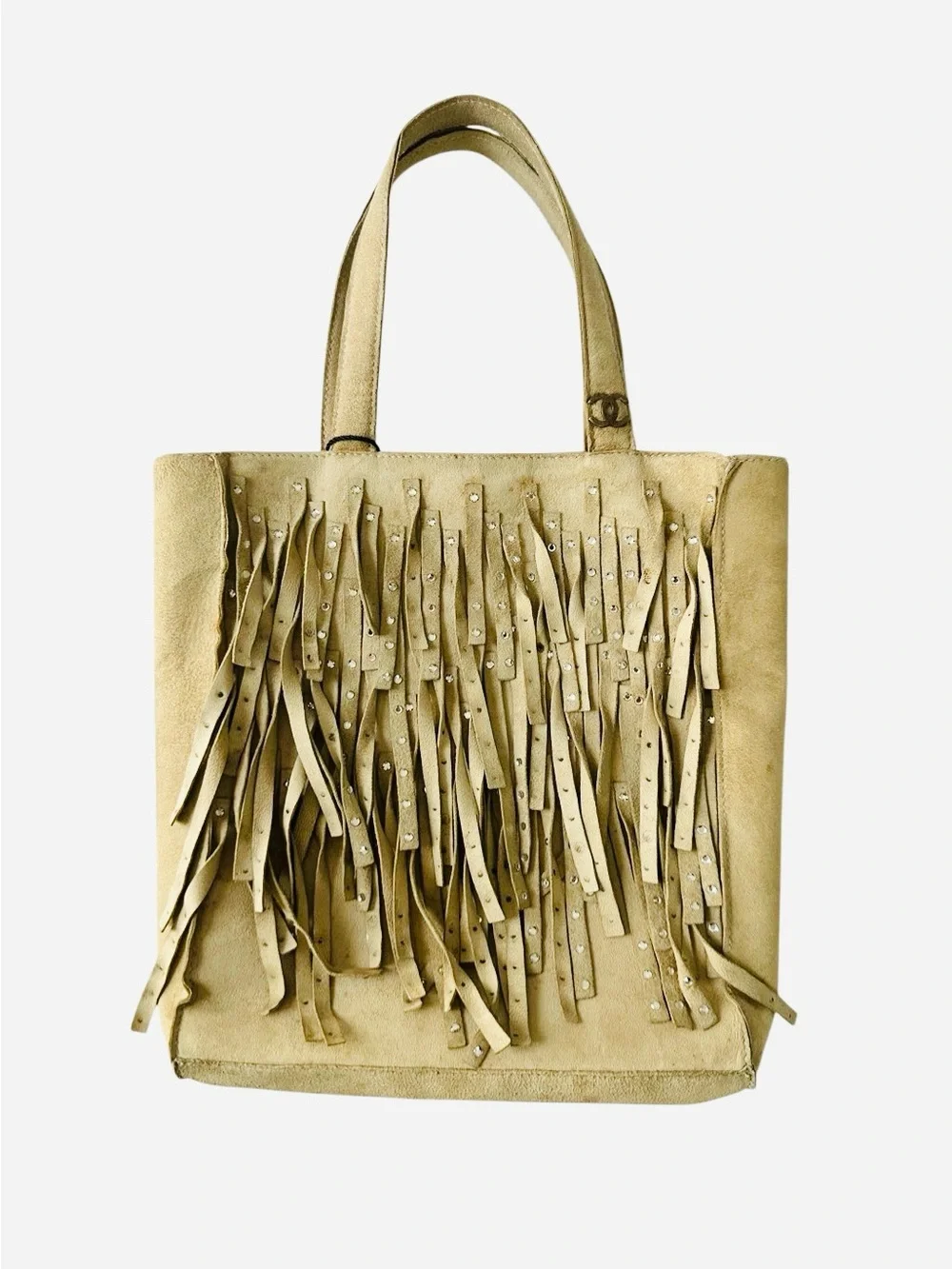 CHANEL Beige Suede Fringe Tote with Stud Details
